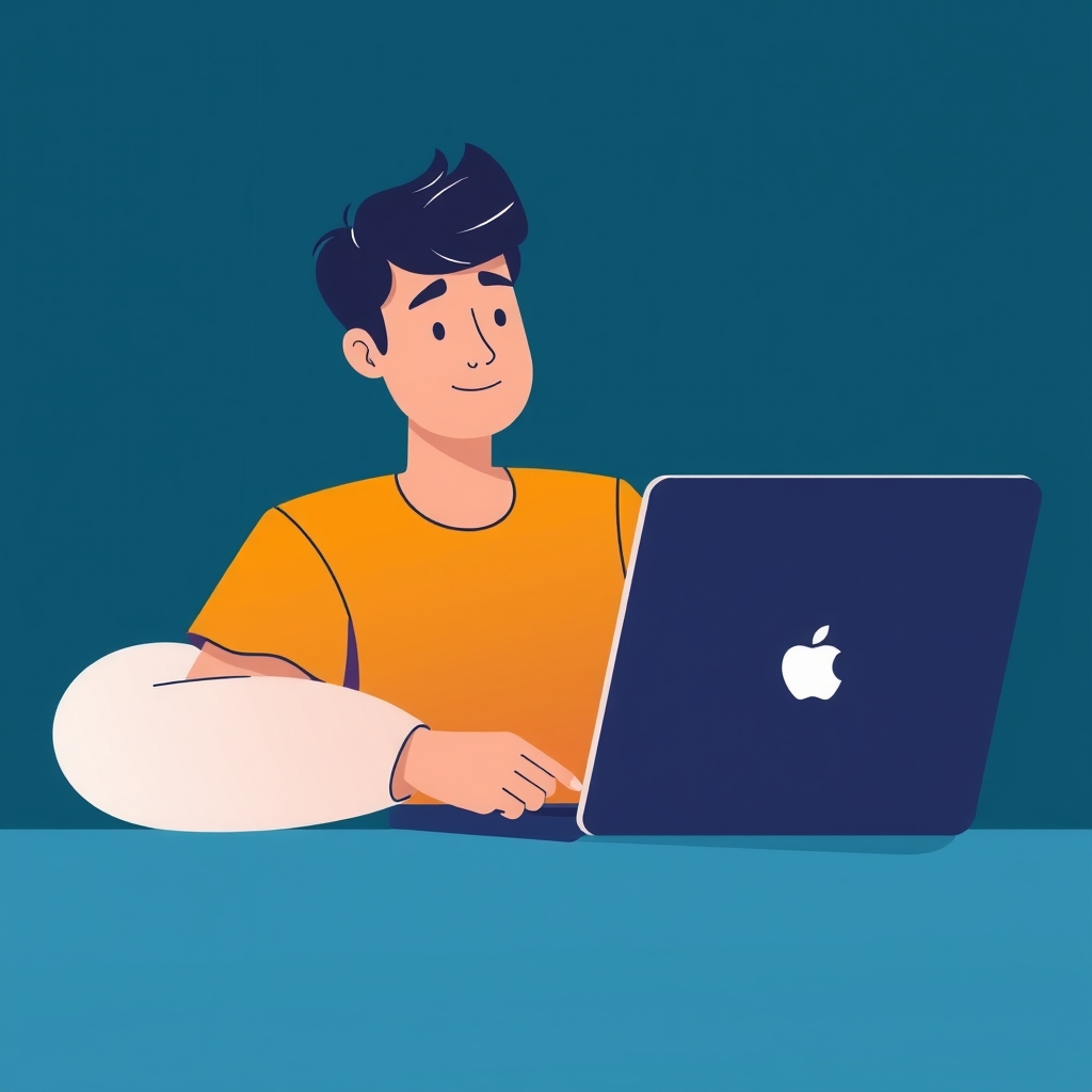 Ilustrasi pria duduk di meja dengan laptop