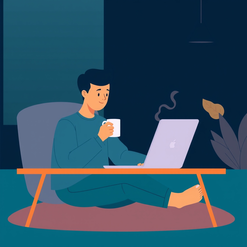 Ilustrasi pria duduk bekerja dengan laptop