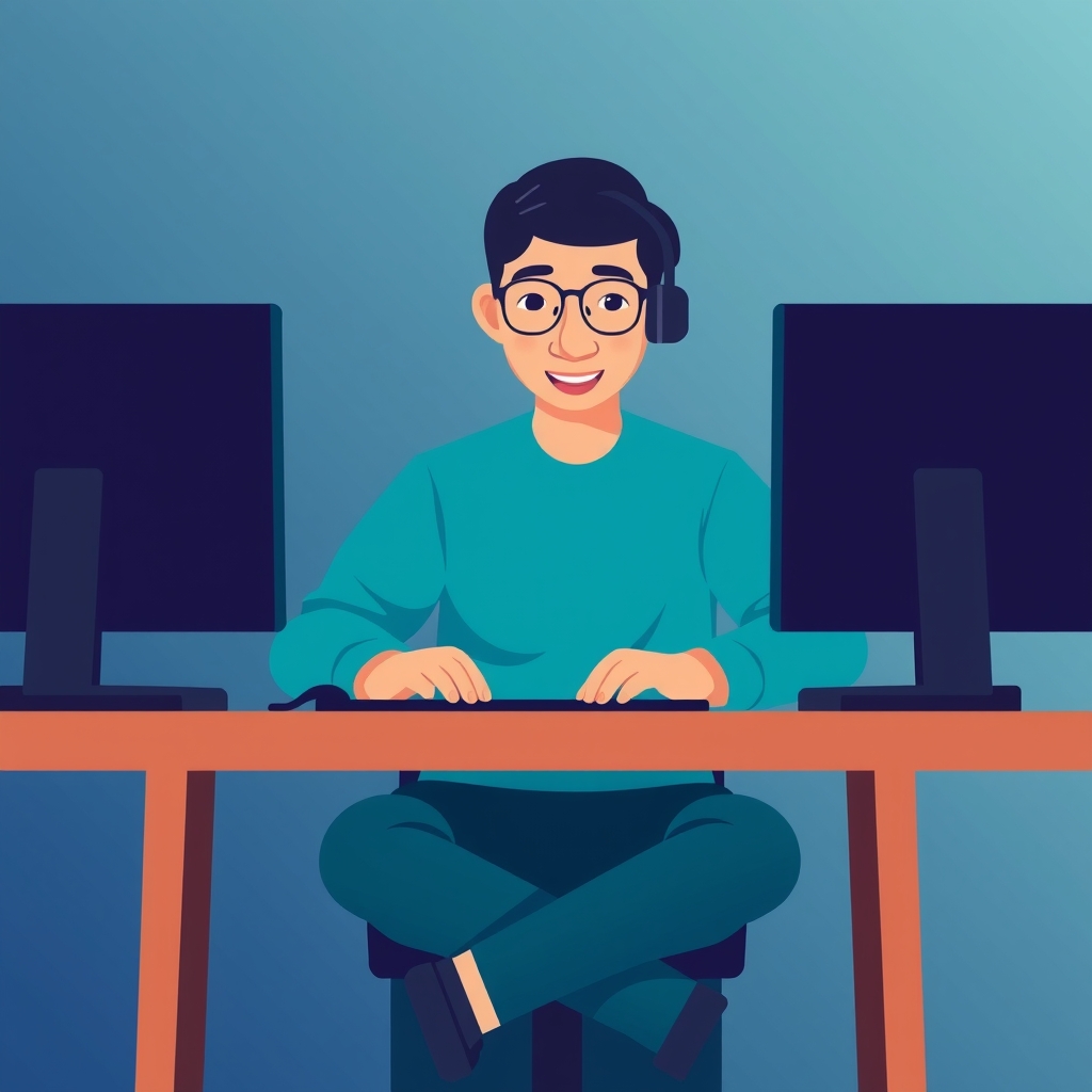 Ilustrasi pria duduk di meja dengan komputer